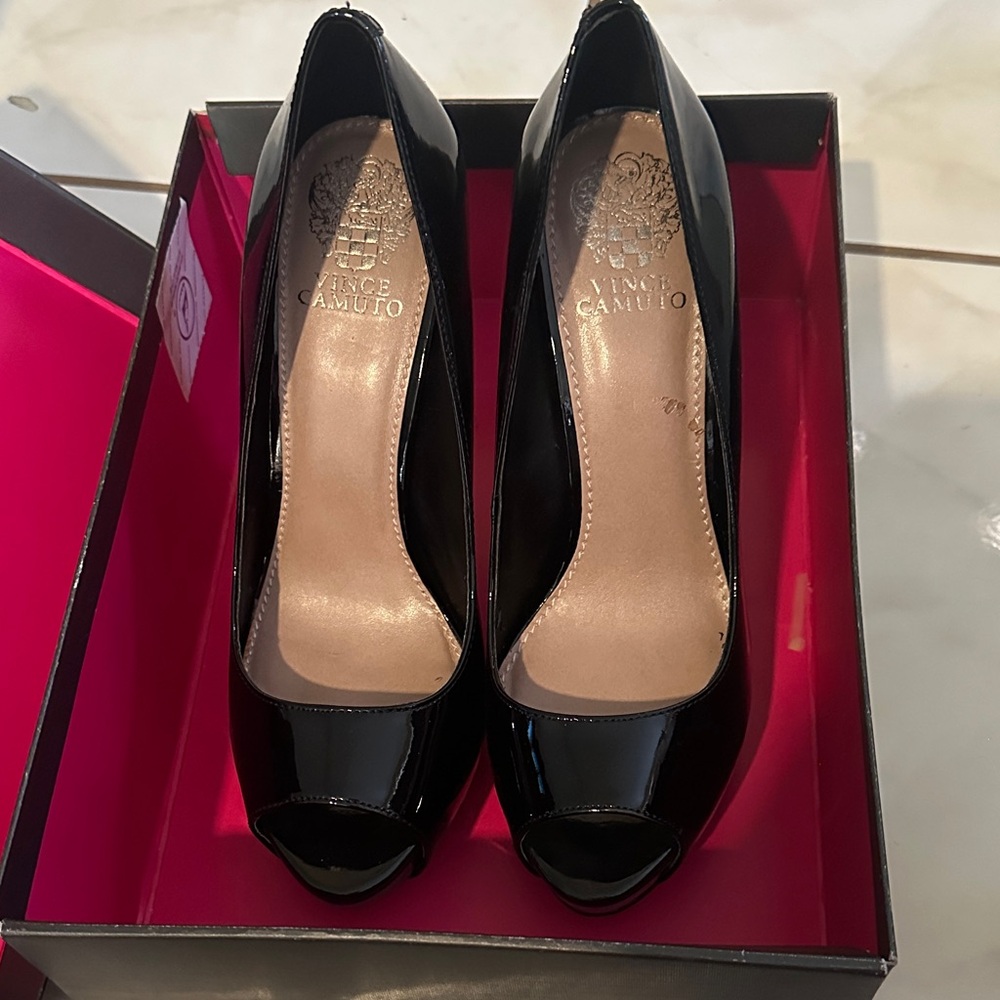 Vince Camuto Glossy Black Peep-Toe Heels